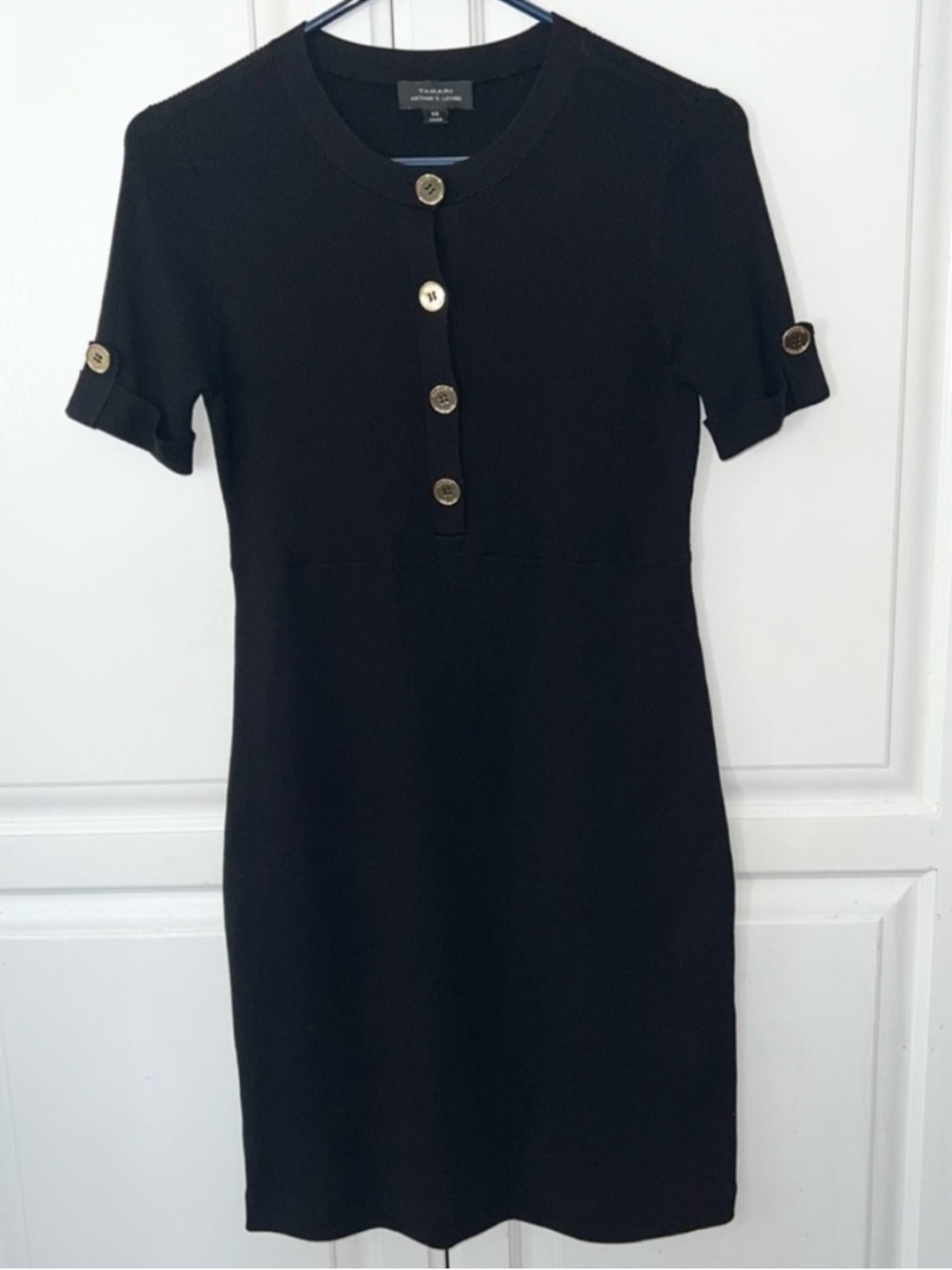 Tahari ASL Black Silk Blend Rib Knit Sweater Dress Gold Button Detail XS - Picture 2 of 9